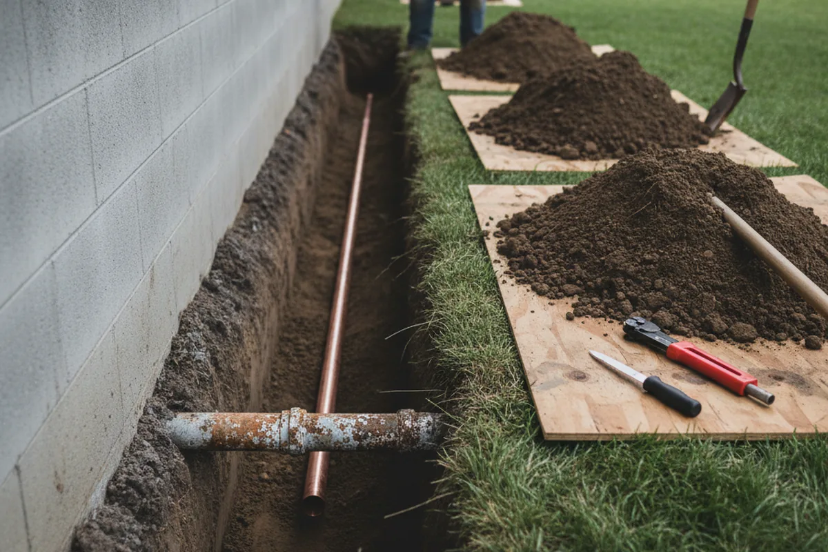 Excavated water line trench during Sewer Line Repair in Marsing